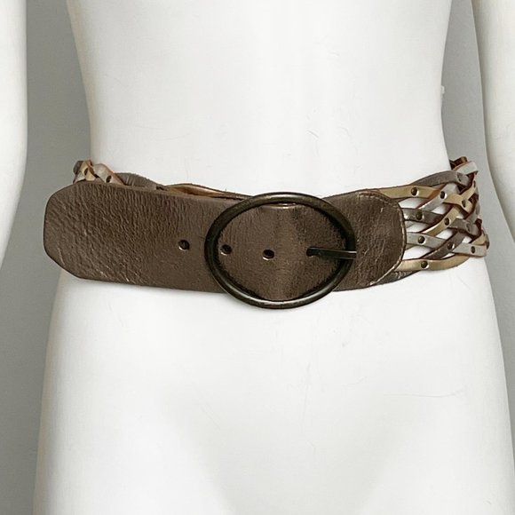 Fossil Wide Woven Braided Silver Gold Leather Belt - Picture 3 of 8